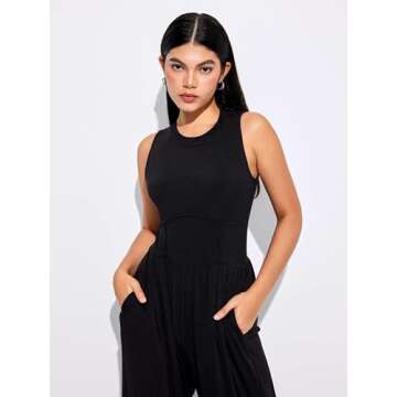 CIDER Jumpsuits for Women Sleeveless Wide Leg Overalls Dressy Crewneck One Piece Jumpsuits with Pockets Summer Fall: Black, S
