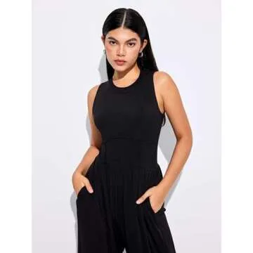 CIDER Jumpsuits for Women Sleeveless Wide Leg Overalls Dressy Crewneck One Piece Jumpsuits with Pockets Summer Fall: Black, S