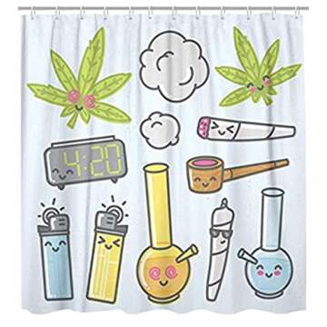 GETTOGET Green Bong Marijuana Kawaii Cartoon Pack Weed Smoke Leaf Shower Curtain Bathroom Sets Hooks,Waterproof Polyester Curtain