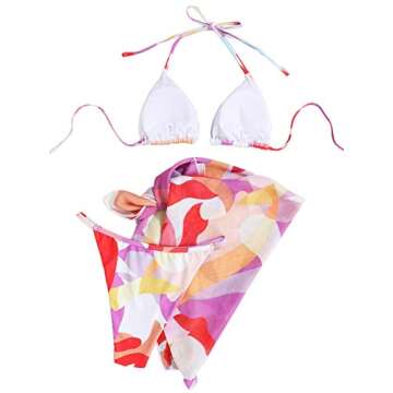 SOLY HUX Women's 3 Piece Tie Dye Bikini Set Swimsuit with Sarongs Cover Ups Beach Skirt Bathing Suit Geometric Print M