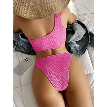 YIMISAN Women’s Stylish One Shoulder Bikini Set in Hot Pink