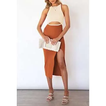 Womens Sleeveless Cutout Bodycon Midi Dress Slit Crew Neck Ribbed Party Cocktail Dress Colorblock Brown XL