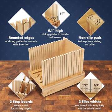 Albert&Grace Bamboo Bread Slicer for Homemade Bread – Adjustable Width Slicing Guides, Compact & Foldable Loaf Cutter for Perfect Slices & Halving Bagels