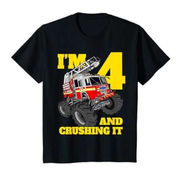 Kids Monster Fire Truck 4th Birthday Boy 4 Four Firefighter T-Shirt
