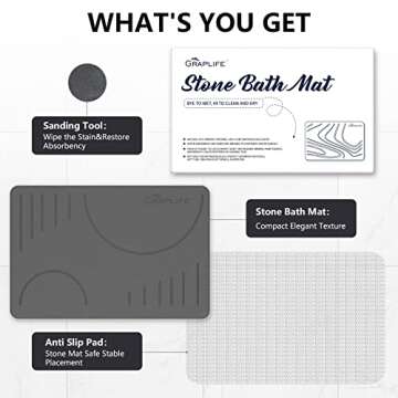 Graplife - Stone Bath Mat, Diatomaceous Earth Shower Mat, Non-Slip Super Absorbent Quick Drying Bathroom Floor Mats, Natural, Easy to Clean (23.6 x 15.35)