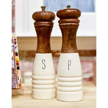 Mud Pie Farmhouse Wood and Enamel Mills Salt and Pepper Set: Elegant Kitchen & Dining Essential