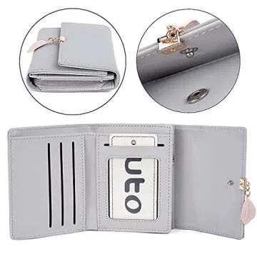 UTO RFID Small Wallet for Women Girls Wallet Leather Vegan Leaf Pendant Card Holder Organizer Zipper Coin Purse