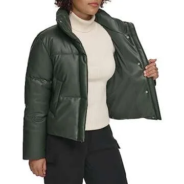 Levi's Women's Vegan Leather Quilted Short Puffer Jacket, Darkest Spruce