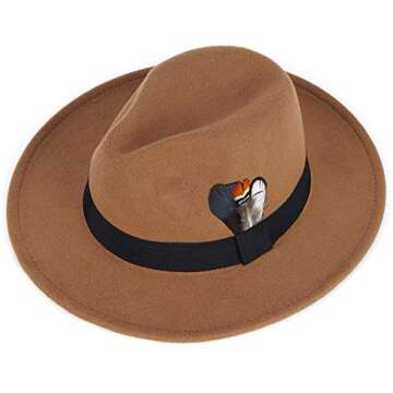 FADACHY Classic Fedora Hat for Men & Women Wide Brim Felt Hat Panama Dress Hat Tan Fedora, L Large XL