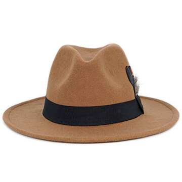 FADACHY Classic Fedora Hat for Men & Women Wide Brim Felt Hat Panama Dress Hat Tan Fedora, L Large XL