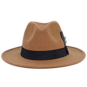 FADACHY Classic Fedora Hat for Men & Women Wide Brim Felt Hat Panama Dress Hat Tan Fedora, L Large XL