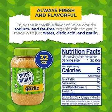 Spice World Organic Minced Garlic – Bulk 32oz Garlic Container, USDA Certified Organic Garlic with Non-GMO Ingredients – Ready-to-Use Seasonings for Cooking, Reduce Prep Work and Easily Add Flavor
