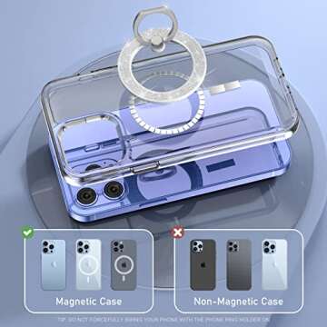 Mindsky Magnetic Phone Ring Holder for iPhone 15 14 13 12 Magsafe Accessories Adjustable Finger Phone Ring Grip（Removable When Wireless Charging）(GlitterWhite)