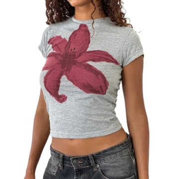 Women Short Sleeve Baby Tee Y2K Flower Graphic Printed Crop Top Slim Fit Crew Neck Tees Hurajuku E-G...
