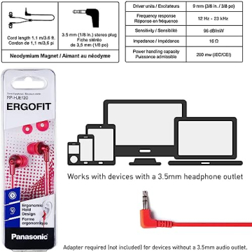 Panasonic ErgoFit Wired Earbuds Dynamic Sound Ergonomic Fit
