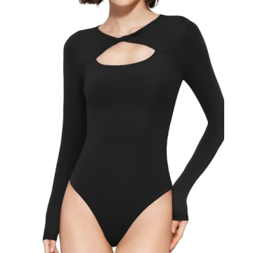 PUMIEY Bodysuit for Women Long Sleeve Bodysuit Shirts Slim Fit Sexy Going Out Tops, Jet Black Medium