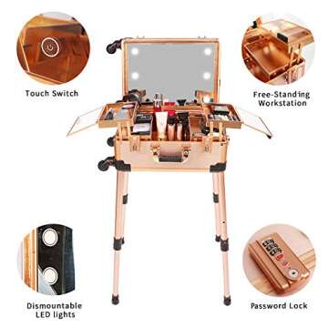 Jula Vance Medium Makeup Train Case with Code Lock, Lighted Mirror, Speaker Travel Cosmetic Organize...