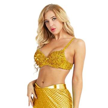 FEESHOW Women's Tribal Glitter Sparkle Belly Dance Beaded Sequined Bra Top for Rave Cabaret Party Gold 34/75