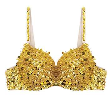 FEESHOW Women's Tribal Glitter Sparkle Belly Dance Beaded Sequined Bra Top for Rave Cabaret Party Gold 34/75
