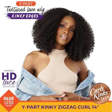 Sensationnel Curls kinksandco kinkyedges wig - kinky zigzag curl 14 inch y part lace natural kinkytexture edged hairline for natural 3c to 4c hair textures (1B OFFBLACK)