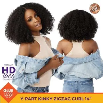 Sensationnel Curls kinksandco kinkyedges wig - kinky zigzag curl 14 inch y part lace natural kinkytexture edged hairline for natural 3c to 4c hair textures (1B OFFBLACK)