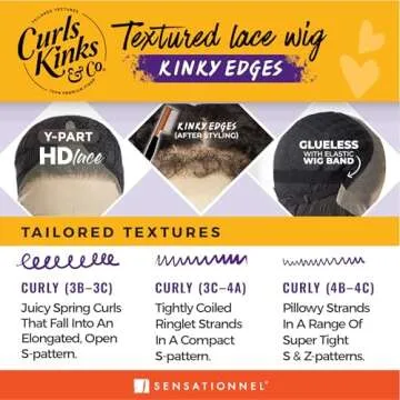 Sensationnel Curls kinksandco kinkyedges wig - kinky zigzag curl 14 inch y part lace natural kinkytexture edged hairline for natural 3c to 4c hair textures (1B OFFBLACK)