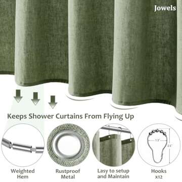 Jowels Sage Green Linen Shower Curtain, Boho Farmhouse Shower Curtain Set for Bathroom, 180GSM Luxury Weighted Water Resistant Fabric Textured Shower Curtains with 12 Metal Hooks, 72Wx72H