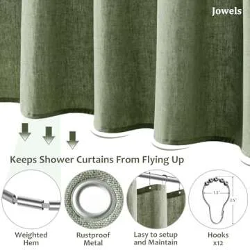 Jowels Sage Green Linen Shower Curtain, Boho Farmhouse Shower Curtain Set for Bathroom, 180GSM Luxury Weighted Water Resistant Fabric Textured Shower Curtains with 12 Metal Hooks, 72Wx72H