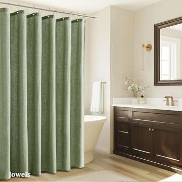 Jowels Sage Green Linen Shower Curtain, Boho Farmhouse Shower Curtain Set for Bathroom, 180GSM Luxury Weighted Water Resistant Fabric Textured Shower Curtains with 12 Metal Hooks, 72Wx72H