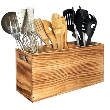 CB Accessories Utensil Holder in Rustic Wood for Kitchen Countertop Organizer and Cooking Tools Stor...