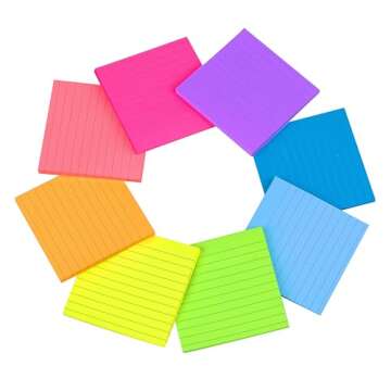 (8 Pack) Lined Sticky Notes 4x4 Bright Stickies Colorful Super Sticking Power Memo Pads, 8 Colors, Strong Adhesive
