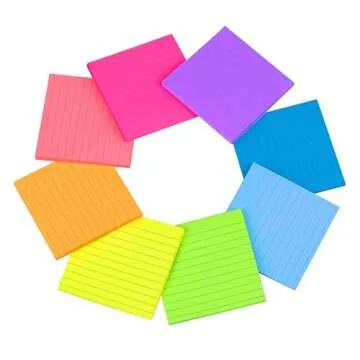 (8 Pack) Lined Sticky Notes 4x4 Bright Stickies Colorful Super Sticking Power Memo Pads, 8 Colors, Strong Adhesive