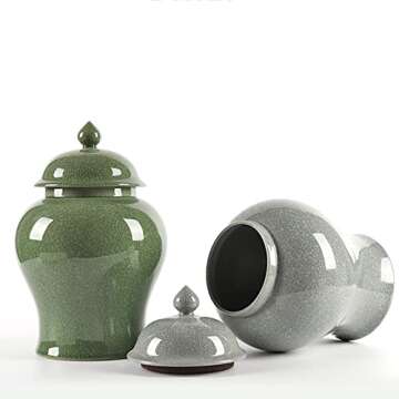 CHUANGRUN Ceramics Jar, Ceramic Flower Pot Porcelain Green Ginger Jar with Finial Lid, Flowers Decorative Temple Jar Helmet-Shaped, Ginger Jar Vase for Flowers