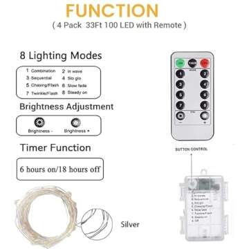 4-Pack 33FT 100 LED Fairy Lights Battery Operated with Remote & Timer, Waterproof Twinkle String Lights Outdoor Indoor 8 Modes for Bedroom Classroom Dorm DIY Christmas Party Garden Tree (Warm White)