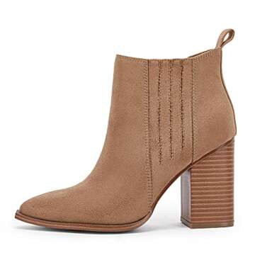 Womens Pointed Toe Slip on Ankle Booties Stacked Mid Block Heel Shoes Faux Leather Boots