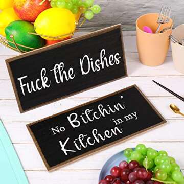 Jetec 2 Pieces Funny Kitchen Signs the Dishes Hanging Wall Art Decoration No Bitchin in My Kitchen Rustic Wooden Wall Signs Decorative Wood Home Decor, 10 x 5 Inch(Stylish)