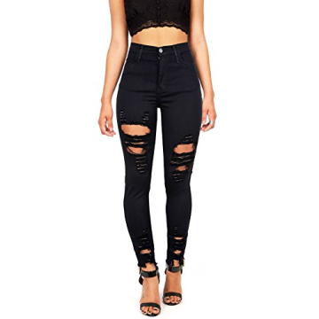 Vibrant Women’s Denim Skinny Jeans – Stretch High Waisted Raw Edges Heavy Distressed Ripped Casu...