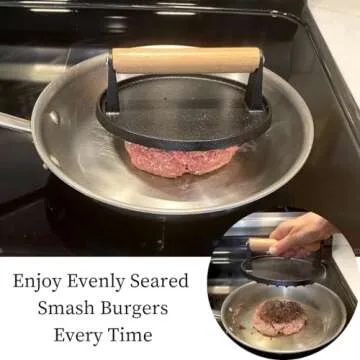 Evelots Cast Iron Burger Press - Heavy Duty Pre-Seasoned Burger Smasher for Grill - Weighted Press for Meat, Grilled Cheese, Panini - Cook Evenly & Faster - Round Wood Handle