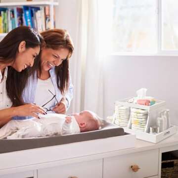 Busidhji Diaper Caddy Organizer, Changing Table Organizer, Wooden Diaper Organizer for Nursery, Baby Diaper Storage Organizer with Removable Dividers (White, Rectangular Size)