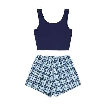 SOLY HUX Women's Pajama Sets 2 Piece Lounge Sets Button Tank Top and Plaid Shorts Sleepwear Mint Blu...