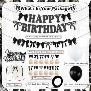 Black Bow Birthday Party Decorations - Elegant Bow Theme Decor with Black White Balloons and More