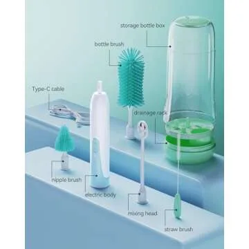 Festiva Electric Bottle Brush Cleaner - Baby Bottle Brush Set with Bottle Brush, Mixing Head, Nipple & Straw Brush, Baby Travel Essential, (Green)