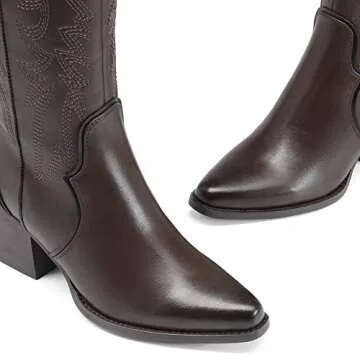DREAM PAIRS Womens Cowboy Boots Comfortable Pull On Zipper Chunky Heel Pointed Toe Embroidered Western Cowgirl Knee High Boots Girls Ladies Retro Tall Boot,Size 7,Brown/pu,SDKB224W