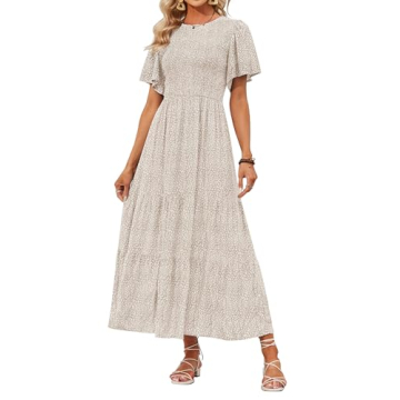 ZESICA Women's Summer Casual Floral Print Short Flutter Sleeve Crew Neck Smocked High Waist Flowy Maxi Dress,Beige,Small