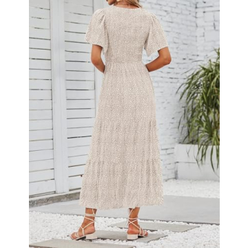 ZESICA Women's Summer Casual Floral Print Short Flutter Sleeve Crew Neck Smocked High Waist Flowy Maxi Dress,Beige,Small