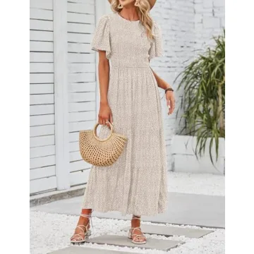 ZESICA Women's Summer Casual Floral Print Short Flutter Sleeve Crew Neck Smocked High Waist Flowy Maxi Dress,Beige,Small
