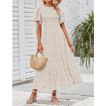 ZESICA Women's Summer Casual Floral Print Short Flutter Sleeve Crew Neck Smocked High Waist Flowy Maxi Dress,Beige,Small