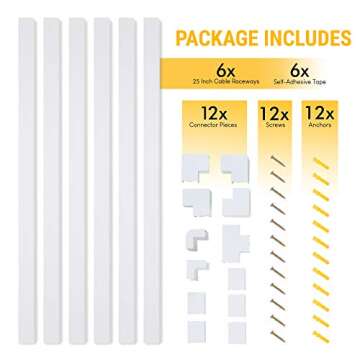 150in Cord Hider Kit - 6-Pack 25in Cable Management for Wall-Mounted TV or Computer Cables - Paintable Wire Covers for Cords by Simple Cord (White)