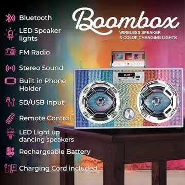 Wireless Express - Mini Boombox with LED Speakers –Retro Bluetooth Speaker w/Enhanced FM Radio - P...