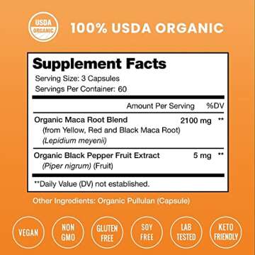 NutraChamps USDA Organic Maca Root Capsules for Women & Men, 2100mg, 180 Capsules, Black, Red & Yellow Peruvian Gelatinized, Highest Potency Maca Root Powder Supplement